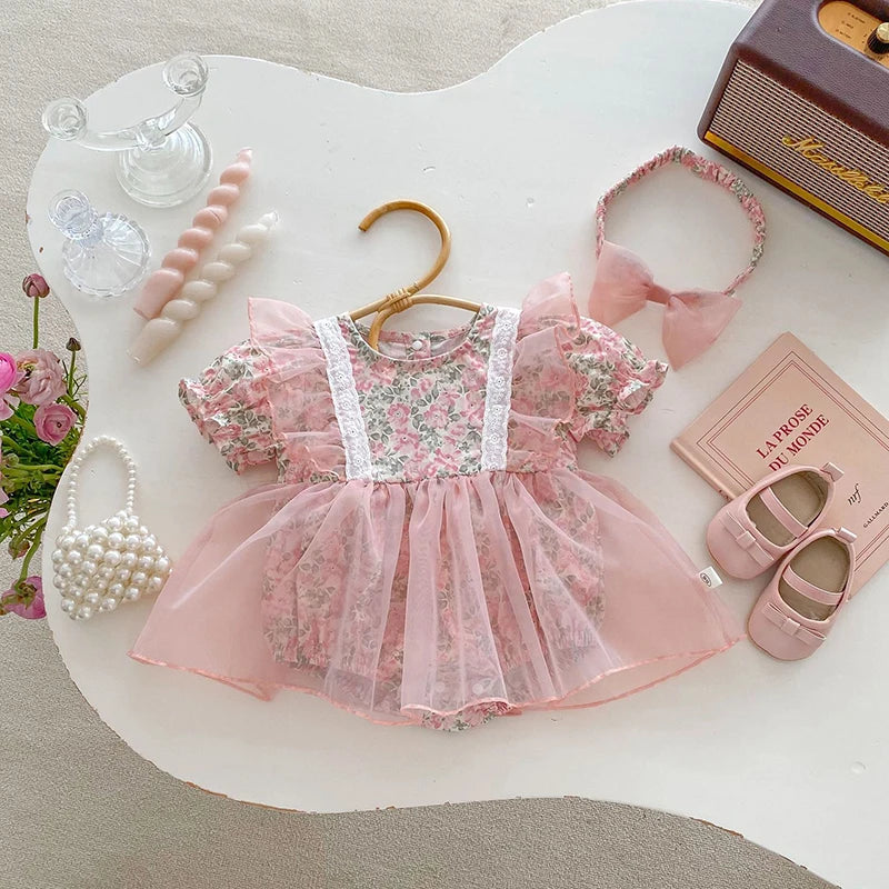 MILANCEL 2024 Summer Baby Bodysuit With Hair Band Sweet Puff Sleeve Baby Girls Floral One Piece Infant First Birthday Dress