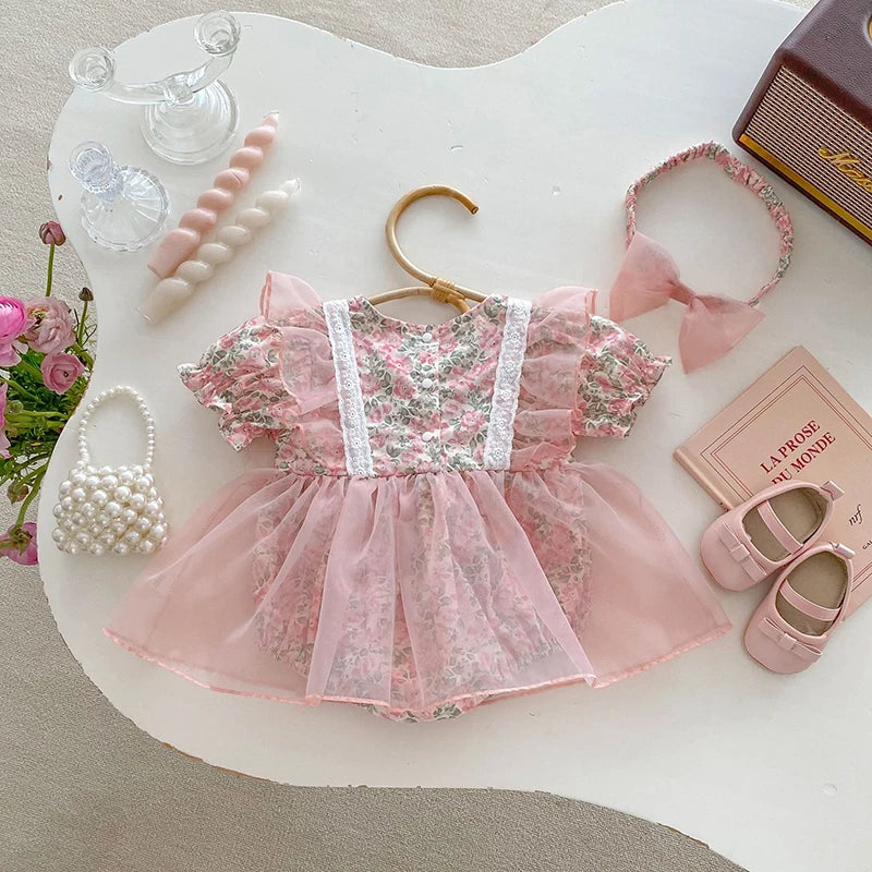 MILANCEL 2024 Summer Baby Bodysuit With Hair Band Sweet Puff Sleeve Baby Girls Floral One Piece Infant First Birthday Dress